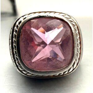 Vintage Sterling Silver Pink Amethyst Statement Ring | Wide Band Rope Detail | S